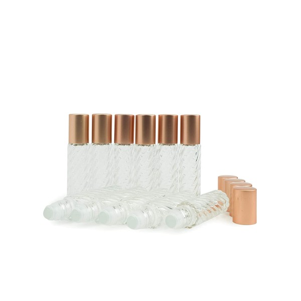 Grand Parfums Colored Glass Aromatherapy 10ml Rollon Bottles with Glass Roller and COPPER CAPS (12 Sets, Swirl)