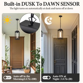 Osimir Outdoor Pendant Light, 14" Large Dusk to Dawn Outdoor Chandelier Lantern with Sensor, Black Modern Exterior Hanging Porch Light with Cylinder Glass, Adjustable Long Chain, OS-KY1002