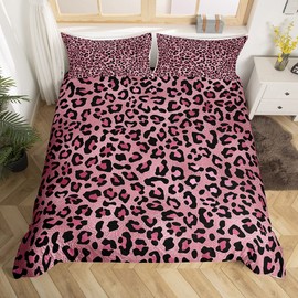 Pink Leopard Print Duvet Cover Set King Size,Cheetah Bedding Set 3pcs for Kids Teens Girls Room Decor, Wild Animal Skin Texture Comforter Cover Romantic Fashion Quilt Cover with 2 Pillowcases