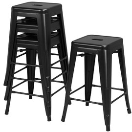 Yaheetech 24inch Set of 4 Metal Bar Stools Industrial Metal Chairs Counter Height Barstools Modern Backless Stackable Chair Stool with Square Seat for Indoor&Outdoor Use Black