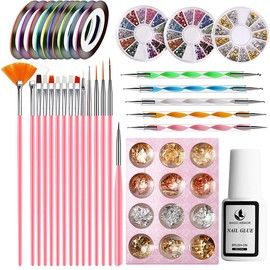 MAGIC ARMOR 46pcs Nail Art Tool Nail Pen Designer with 15pcs Nail Painting Brushes, Nail Dotting Tool, Nail Foil, Manicure Tape, Nail Diamonds Color Rhinestones for Professional Nail Art Design Kit
