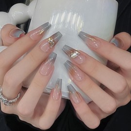 Pure Handmade Nails Press on Nail Reusable Fake Nails Golden RhineStones Bling Bling Medium Stick on Nails French Tip False Nails 10pcs (XS, Q320 NAILS)