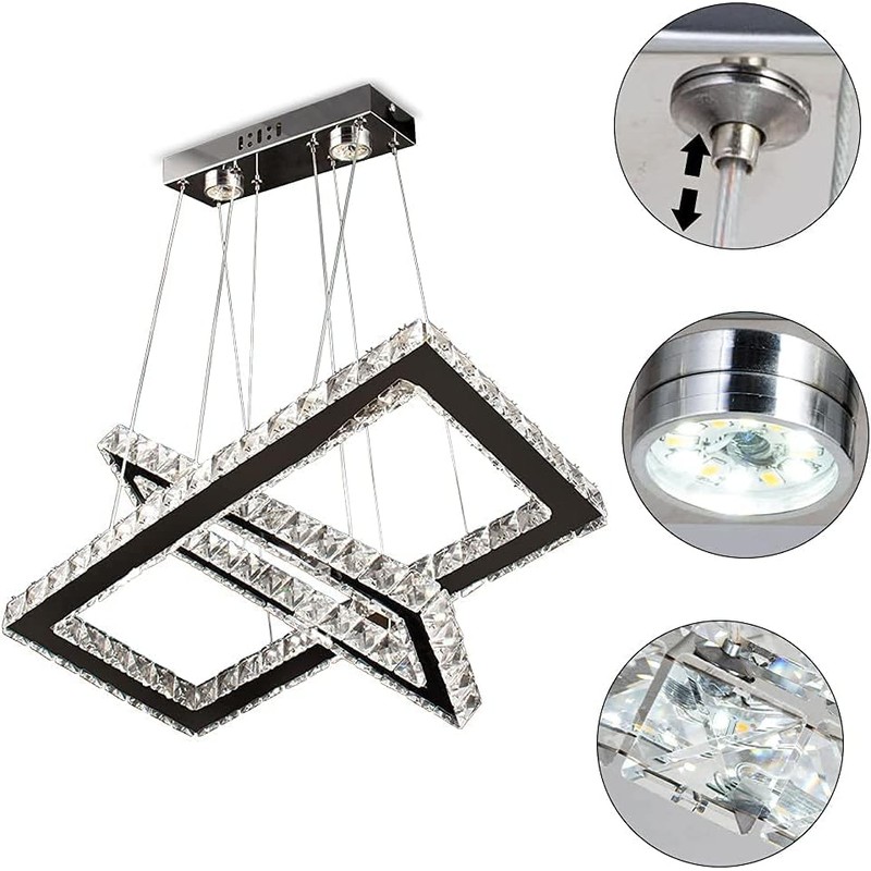 Dimmable Crystal Chandelier, Modern Rectangular 2 Ring LED Pendant Light