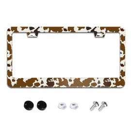Brown Cow Print License Plate Frame Funny Animal Spots License Plate Frames Aluminum Car Accessories Cover with 2 Holes and Screws 12 x 6 Inch for Front Rear Car Plate Decor for Women Men