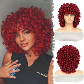 GKtineke Short Curly Wig with Bangs, Full Loose Curly Wigs for Black Women Big Curly Wig Soft Fluffy Natural Synthetic Hair for Daily and Party (Burgundy)