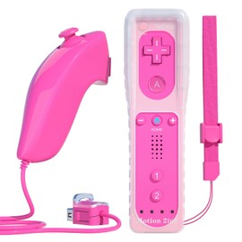 TechKen Remote Controller for Wii, Built-in 2 in 1 Motion Plus with Silicon Case and Nunchuck (Pink)