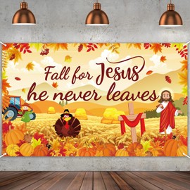 Large Fall for Jesus Banner Decorations Fall for Jesus He Never Leaves Backdrop Pumpkin Maple Leaf Background Autumn Thanksgiving Party Decor Bible Party Supplies Photo Booth Prop Indoor Outdoor