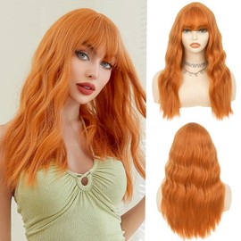 Salaibs Orange Curly Long Wigs for Women with Bangs Natural Fluffy Looking Synthetic Wavy Wig Heat Resistant Wig for Cosplay Daily Use