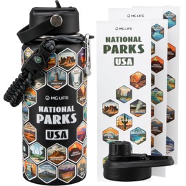 MYGLADERLIFE National Parks Water Bottle with 2 Sets Stickers and 2 Lids, 32 Oz Stainless Steel Insulated, Leakproof, BPA Free Water Bottle with Braided Rope & Compass, Cup Brush, for Camping & Hiking