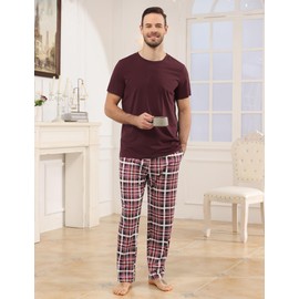 TeJoyce Mens Pyjamas Set Cotton Short Sleeve and Plaid Long Pants 2 Piece PJ Set Soft Comfy Loungewear Nightwear Set with Pockets Burgundy