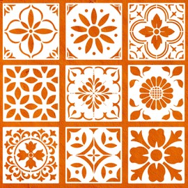 9-Pack Reusable Wall Floor Tile Stencils 8x8 Inches Spanish Stencils for Painting Floors, Tiles, Concrete Patios, Walls, Furnitures, Multi-Surface DIY Design Home Decor Painting Templates