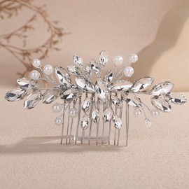 Lenjicons Wedding Rhinestone Pearls Hair Comb Teardrop Rhinestone Bridal Hair Comb Handmade Pearls Crystal Hairpiece Bridal Hair Accessories for Women (silver)