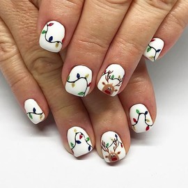 24 Pcs Christmas Press on Nails Short Square Xmas White Fake Nails Press ons with Cartoon Xmas Colored Lights Designs Glue on Nails Reusable Stick on Nails Deer Full Cover Artificial Nails for Women