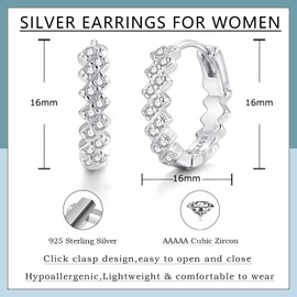 Bewenda Silver Hoop Earrings for Women, 925 Sterling Silver Hoop Earrings with Zirconia, Round Huggie Hoops Earring for Unisex, Hypoallergenic Geometric Ear Hoops, Sleeper Cartilage Earring -16mm