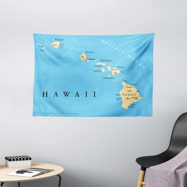 Ambesonne Hawaiian Tapestry, Map of Hawaii Islands Capital Honolulu Borders and Important Cities, Wide Wall Hanging for Bedroom Living Room Dorm, 60" X 40", Black Ivory