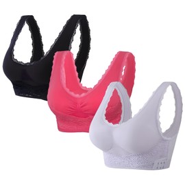 Jamron Womens 3 Pack Cross Front Side Buckle Push Up Lace Bralette Wireless Yoga Sports Comfort Bra with Removable Pads Black + Fuchsia + Light Purple XXL