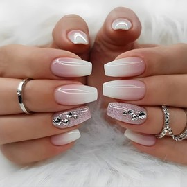 24Pcs Medium False Nails Coffin, French Tip Stick on Nails Pink Glitter Press on Nails, Nude Fake Nails Set with Rhinestones Designs, Acrylic Full Cover Glue-on Nails for Women Girls