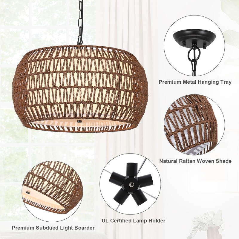 PAUFUL Rattan Farmhouse Chandelier Light Fixtures,5-Lights Boho Large Pendant Light,Woven