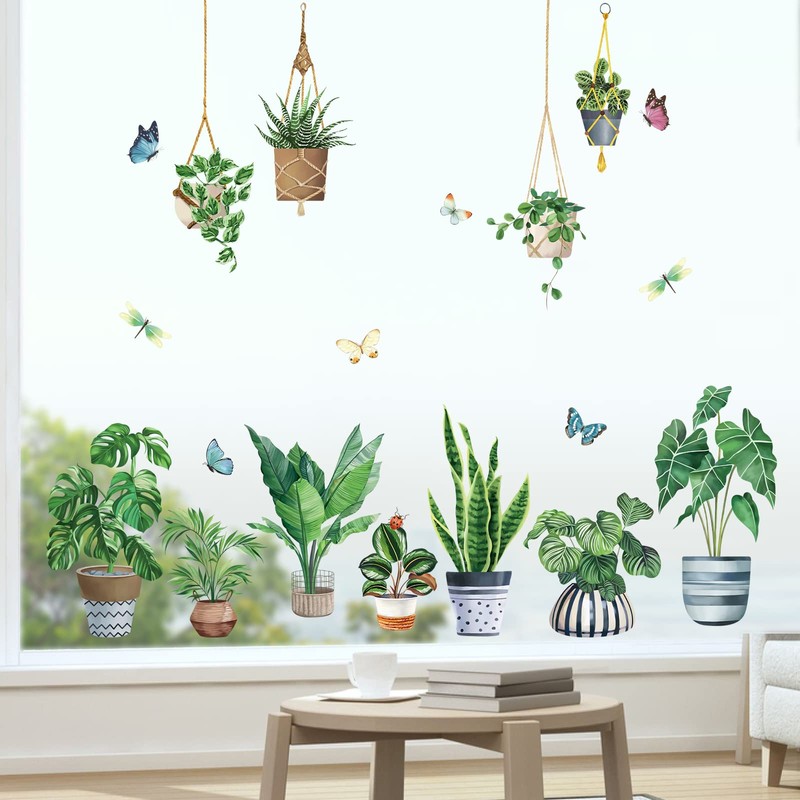 decalmile Hanging Potted Plant Window Clings Tropical Botanical Cactus Window