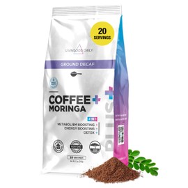 Livingood Daily Coffee with Moringa, Ground Decaf Coffee with Plant Based Ingredients for Daily Wellness, Made with Moringa Powder, Organic, Non GMO, Vegan, Gluten Free, 20 Servings, 12 oz Bag
