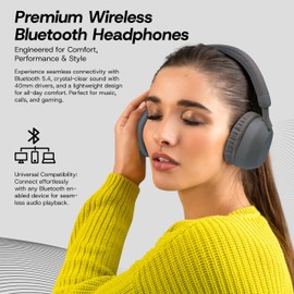 GabbaGoods Premium Wireless Bluetooth Headphones, Deep Bass, FM Radio & SD Card Playback, Built-in Mic, 6-Hour Battery Life, 40mm Drivers, USB-C Fast Charging, Comfortable & Lightweight Design (Grey)