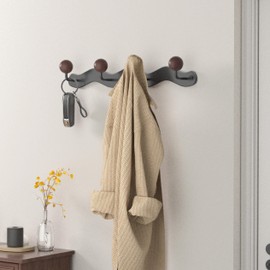 Nolbiph Coat Rack Wall Mount,Wall Hooks Adhesive & Screw in,Anti-Tear Wooden Ball Hook Rail, Metal Coat Hanger for Entryway, Bathroom, Kidroom Matt Grey(1PACK 4hook)