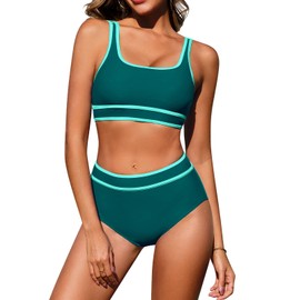 Nadeer Women's Bikini Set Two Piece Swimsuits Sporty Bikini Tops High Waisted Bottom Color Block Bathing Suits Padded Beachwear(Cyan,XL)