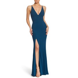 Dress the Population womens Iris Spaghetti Strap Plunging Long Bridesmaid Dress, Dark Blue, Medium US