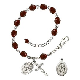 Bonyak Jewelry Adjustable Silver Plated 6mm Fire Poished Saint Sebastian/Figure Skating Rosary Bracelet - January Red