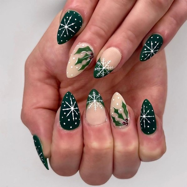 Christmas Press on Nails Short Square Fake Nails French Snowflake