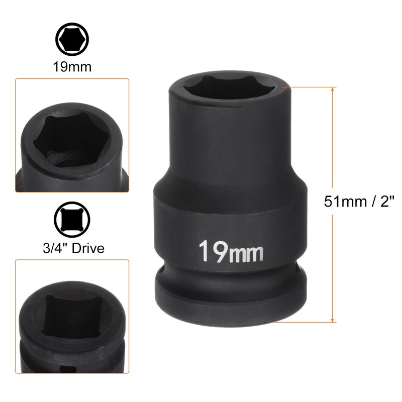 sourcing map 6-Point Impact Socket 3/4" Drive 19mm Metric 40Cr