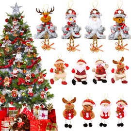 12PCS Mini Christmas Tree Hanging Ornaments Set, Christmas Tree Decoration Santa Claus Snowman Reindeer Bear Hanging Pendant for Indoor Holiday Decor
