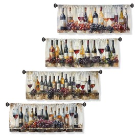 Wssklovj Rustic Curtain Valance for Windows 4 Pack Red Wine Grape Wine Bottle Watercolor Painting Rod Pocket Window Treatments Short Curtains for Kitchen Windows Bathroom Bedroom 54x18 Inch