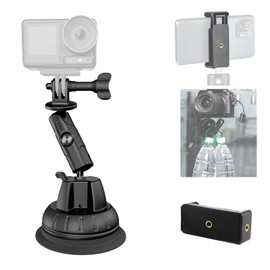 CAPART Action Camera Suction Mount with Phone Holder Clip, Compatible with GoPro Hero 13 12 11 10 9 8 7 6, DJI Action 5 4 3 Pocket 3 2, Insta360 X4 X3 X2, Vacuum Base 360° Rotation Robot Arm 1/4 Screw