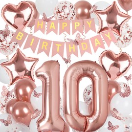 Rose Gold 10th Birthday Decorations for Girl, 10 Year Old Birthday Sign with Happy Birthday Banner, 40In Number 10 Foil Birthday Balloons, Butterfly Decorations, Heart and Star Balloons