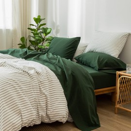 MooMee Bedding Sheet Set 100% Washed Cotton Linen Like Textured Breathable Durable Soft Comfy (Forest Green, Full)