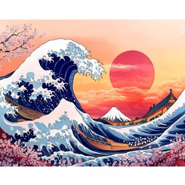 DAERLE Paint by Numbers Adults, The Big Wave, Paint by Numbers Cherry Blossoms, DIY Hand-Painted Oil Painting Kit, Paint by Numbers Adult with 3 Brushes and Acrylic Paint Kit, 40 x 30 cm (without