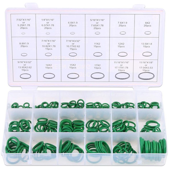 Glarks 18 Sizes 270Pcs Rubber O-Ring Car Auto Vehicle Repair Air Conditioning Compressor Seals Assortment Kit(Green)