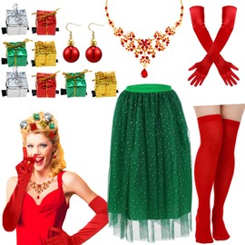Funnysoft 13 Pcs Women Christmas Movie Costume Necklace Colorful Gift Box Hair Clips Green Tutu Gloves Socks for Cosplay(L)