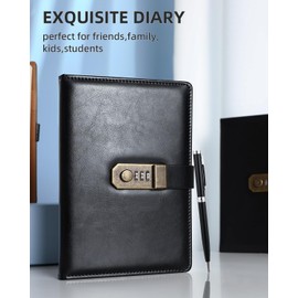 Nicpro Diary with Lock, A5 PU Leather Journal with Lock, Metal Pen, 260 Pages Password Notebook for Men and Women, Vintage Lock Daily Journal for Travel, Note Take, Plans, Organize (10 x 7 in)