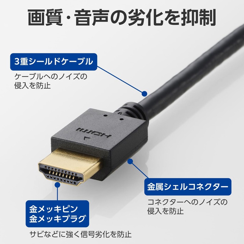Elecom DH-HD14E30BK2 HDMI Cable, 6.8 ft (3 m), High Speed,