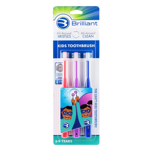 Brilliant Child Toothbrush by Baby Buddy - For Ages 2+ Years, BPA Free Micro Bristles Clean All-Around Mouth, Kids Love Them, Red-Purple-Royal, 3 Count