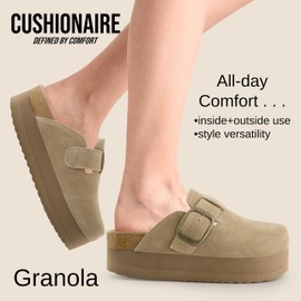 CUSHIONAIRE Women's Granola *Previous Buckle Issue Fixed* Genuine Suede Cork Footbed Platform Clog, +Comfort, Wide Widths Available, Khaki 10