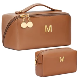 CLOUDWINGS Initial Makeup Bag, Large Capacity Travel Cosmetic Bag Set, Open Flat Makeup Organizer With Clear Divider and Handle, Gifts for women, Brown, M
