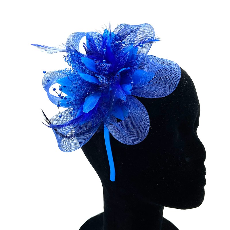 Ladies Beaded Feather Fascinator Clip/Headband Weddings, Races, Royal Ascot (Royal