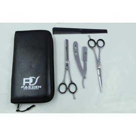 Pakden Professional Hair Cutting Kit - 6.5" Right-Handed Japanese 440C Scissors, Thinning Shears, Razor & Comb Set for Barbers, Stylists & Home Use - Ergonomic Grip, Silver