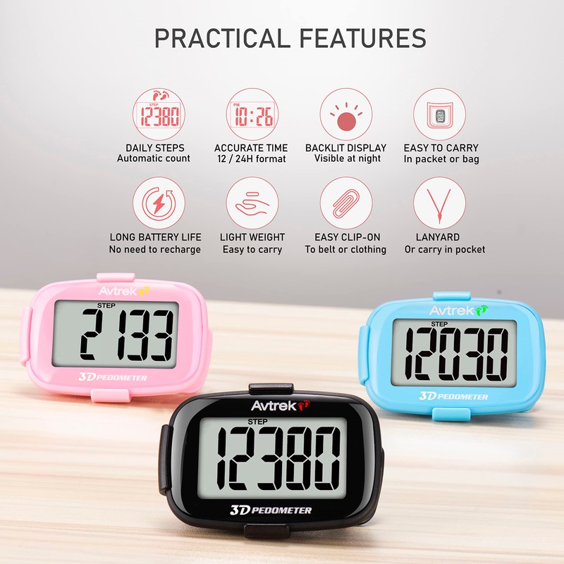 AVTREK 3D Step Counter For Walking Accurate Jumbo Screen Numbers