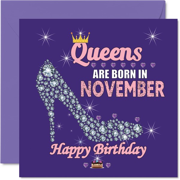 Birthday Cards for Women - Queens Are Born In November - Happy Birthday Cards for Wife Girlfriend Mum Daughter Sister Grandma Auntie Grandmother Friend, 145mm x 145mm Humour Greeting Cards Gift Ideas