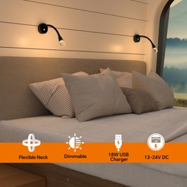 CamperXlite Reading Lamp 12 V Motorhome Flexible Gooseneck Dimmable Camper Spot with USB Quick Charger 3200 K LED Reading Light, DC 24 V for Boat, Caravan, Van, Yacht (Glossy Black)