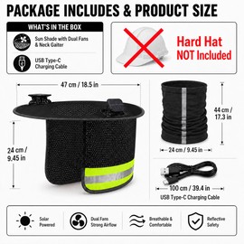 JinluCare Hard Hat Solar Fan Shade, Dual 600mAh Solar Fans, 3-Speed Type-C Rechargeable Cooling Helmet Cover, Wide Brim Reflective Sun Protection for Construction & Outdoor Work (Black)